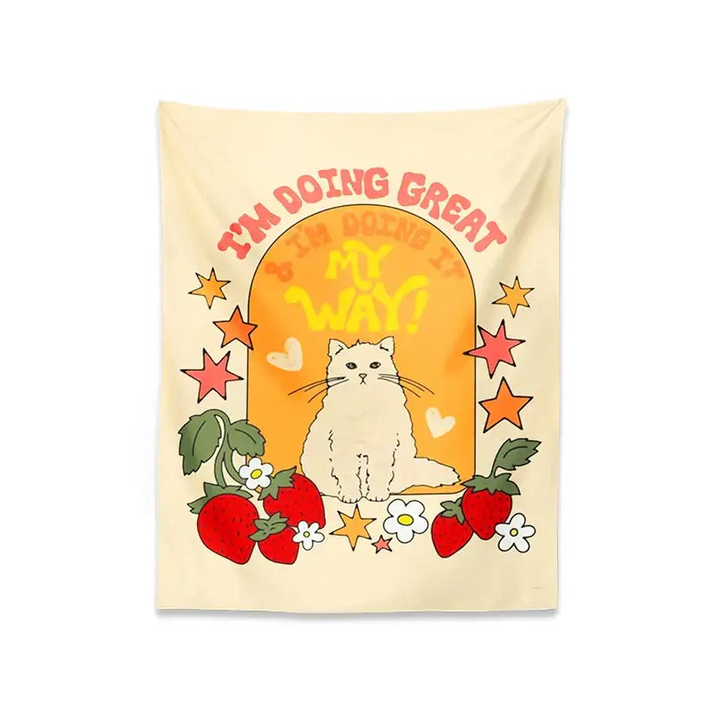 Cream Cat Strawberry Tapestry