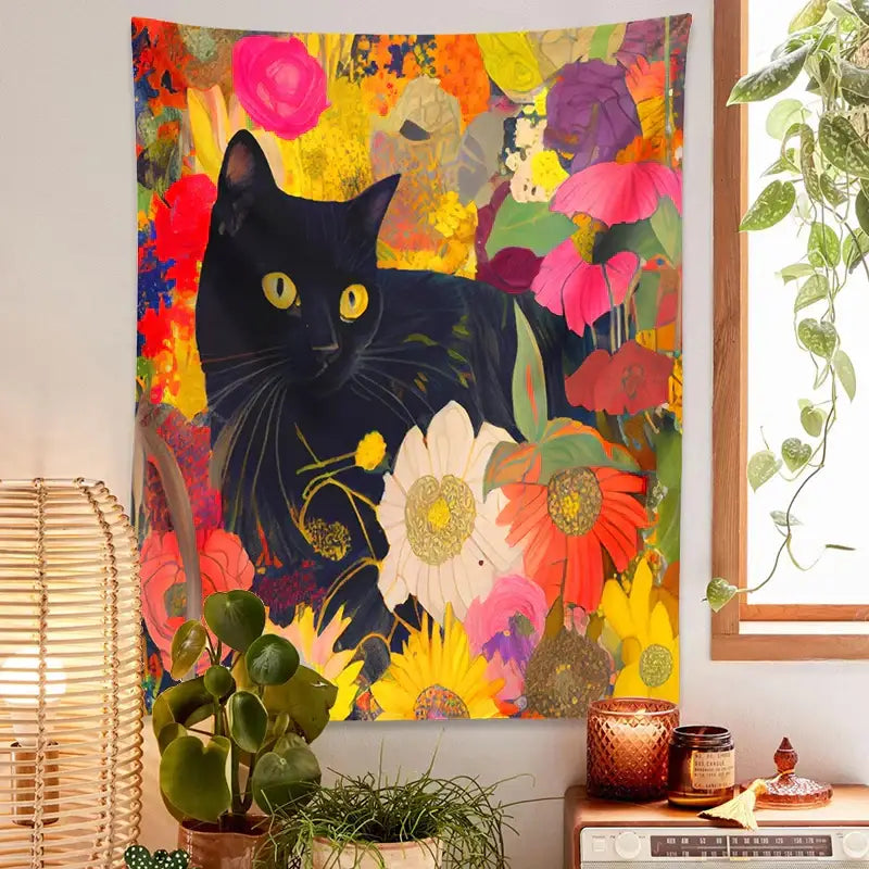Black Cat Floral Poster
