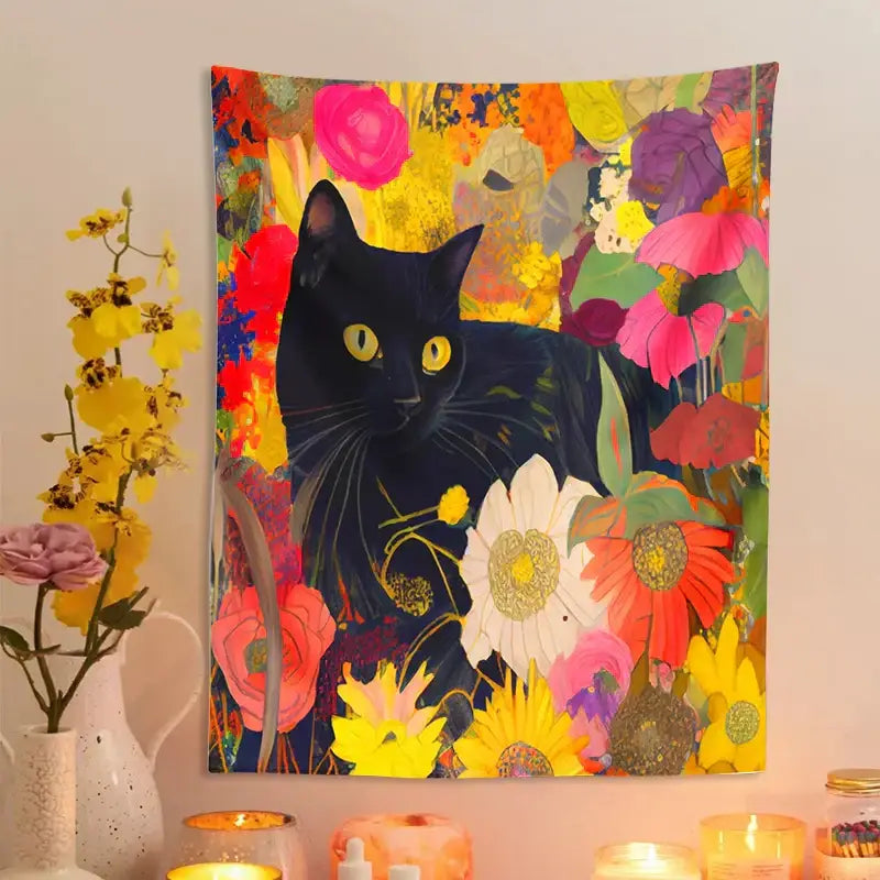 Black Cat Floral Poster