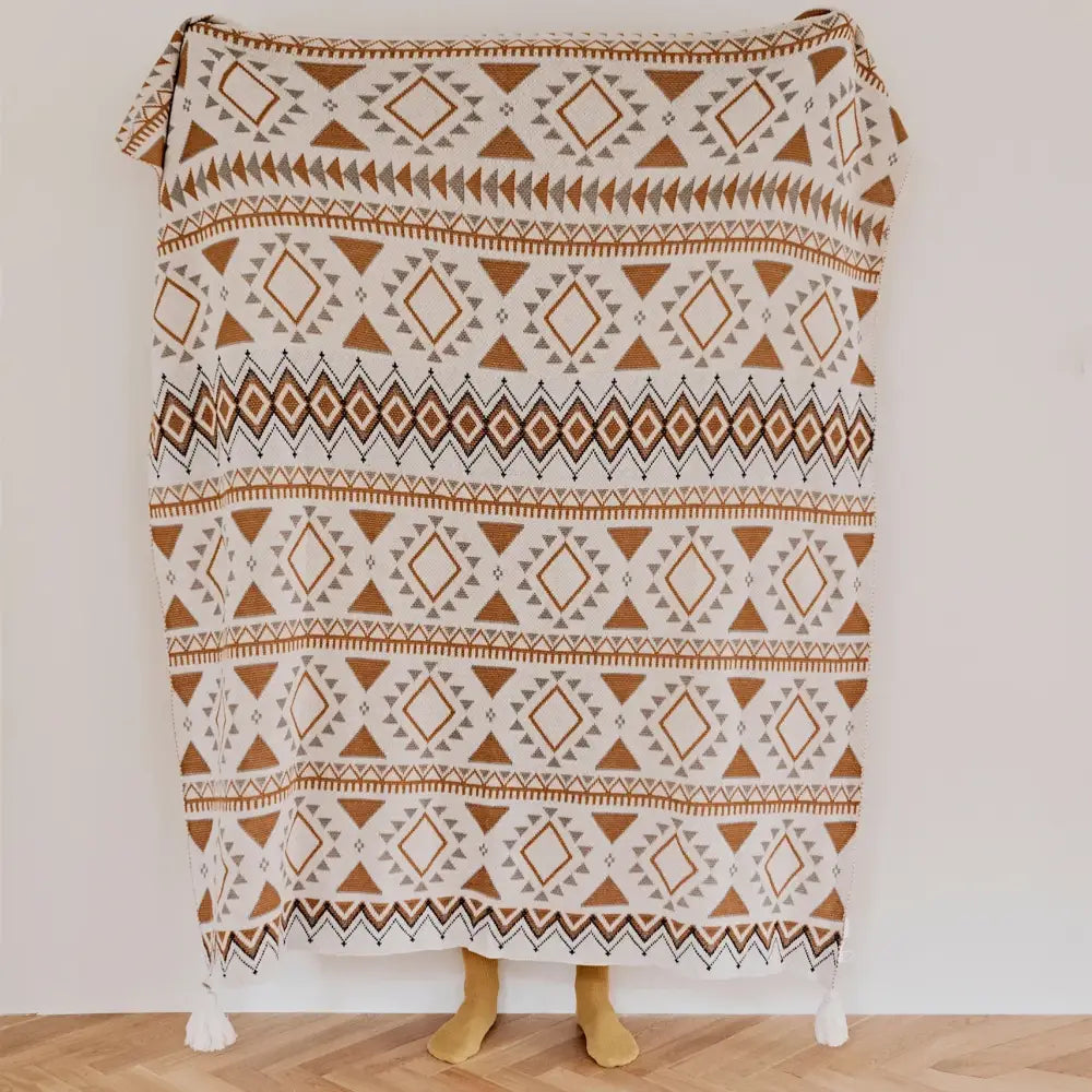 Cream Geometric Throw Blanket with Boho Tassels