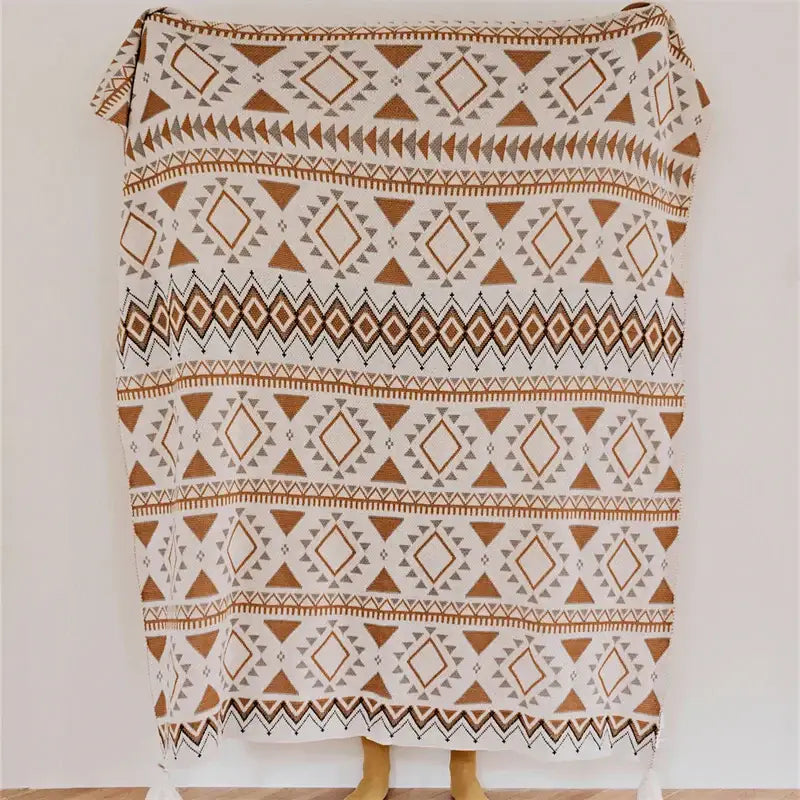 Cream Geometric Throw Blanket with Boho Tassels