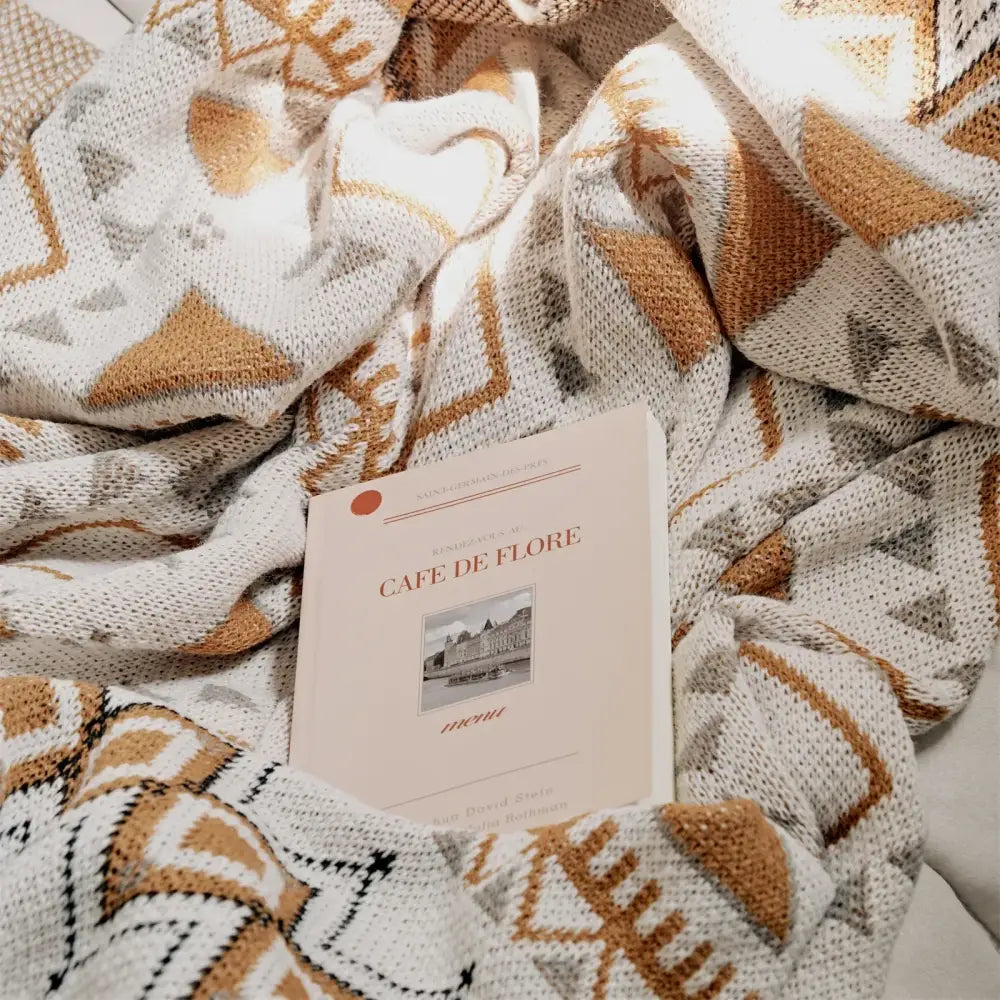 Cream Geometric Throw Blanket with Boho Tassels