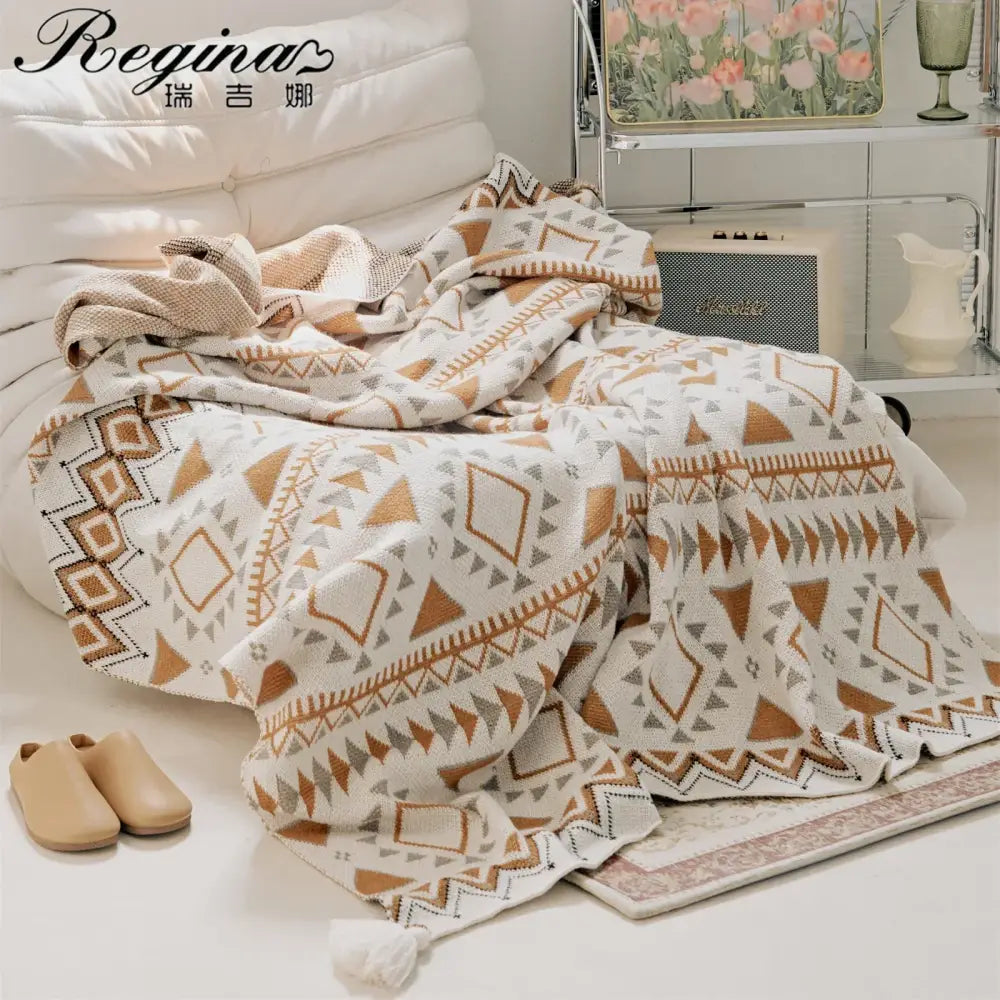 Cream Geometric Throw Blanket with Boho Tassels