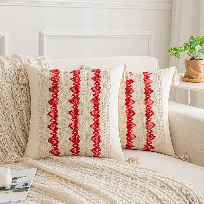 Cream Red Tassel Pillow
