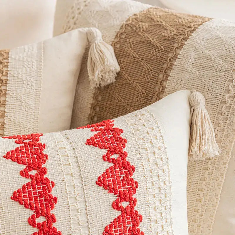 Cream Red Tassel Pillow
