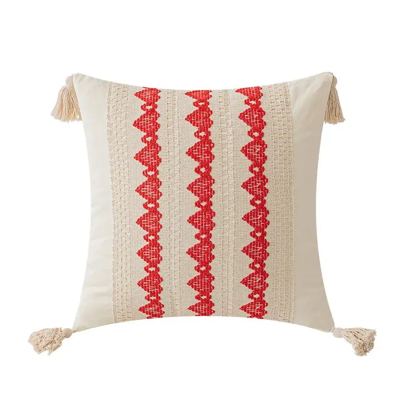 Cream Red Tassel Pillow
