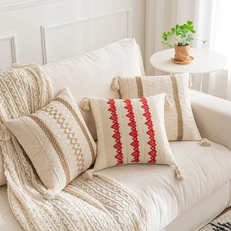 Cream Red Tassel Pillow