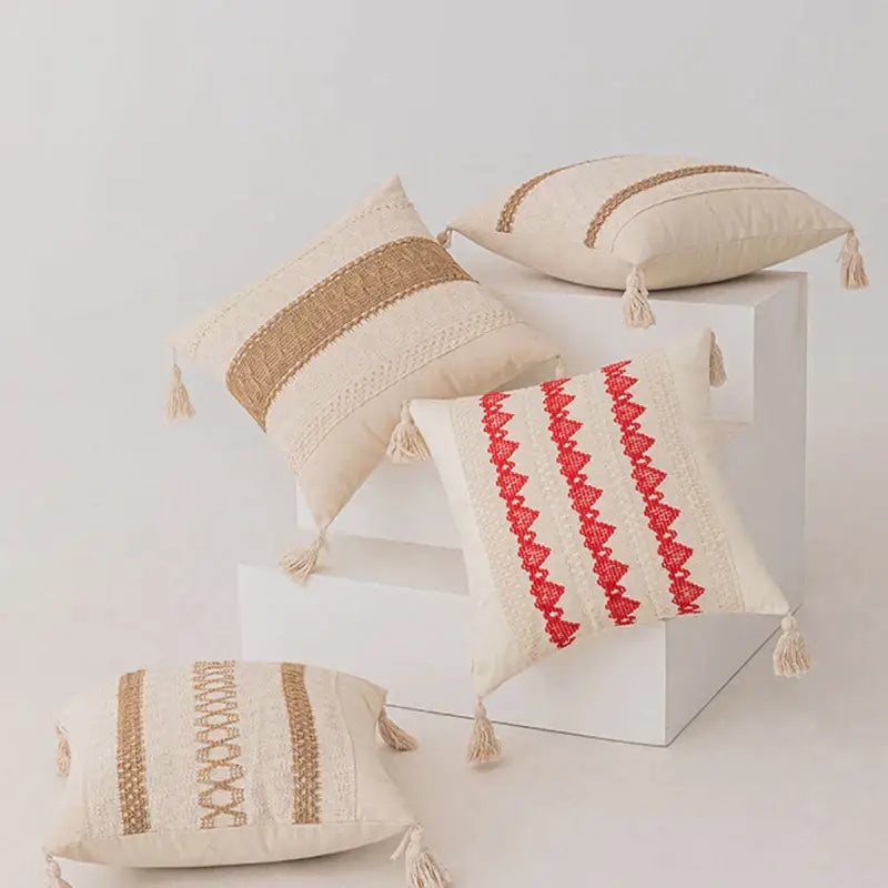 Cream Red Tassel Pillow
