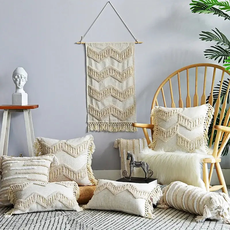 Beige Nordic Tassel Pillow Case