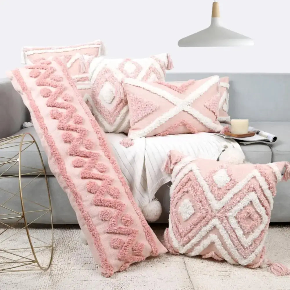 Pink White Tufted Pillow Cover