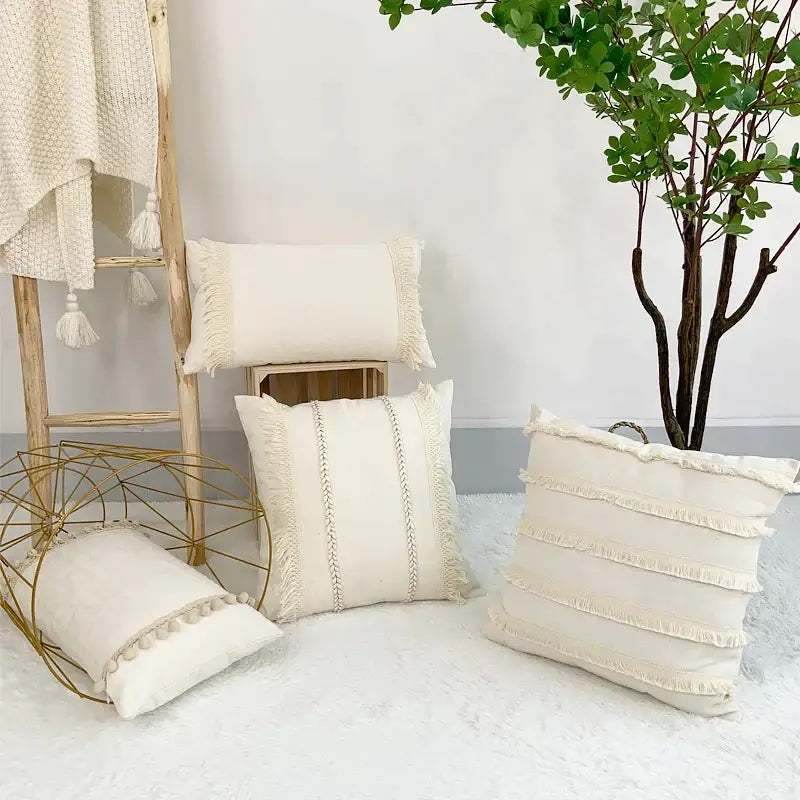 Beige Linen Tassel Cushion