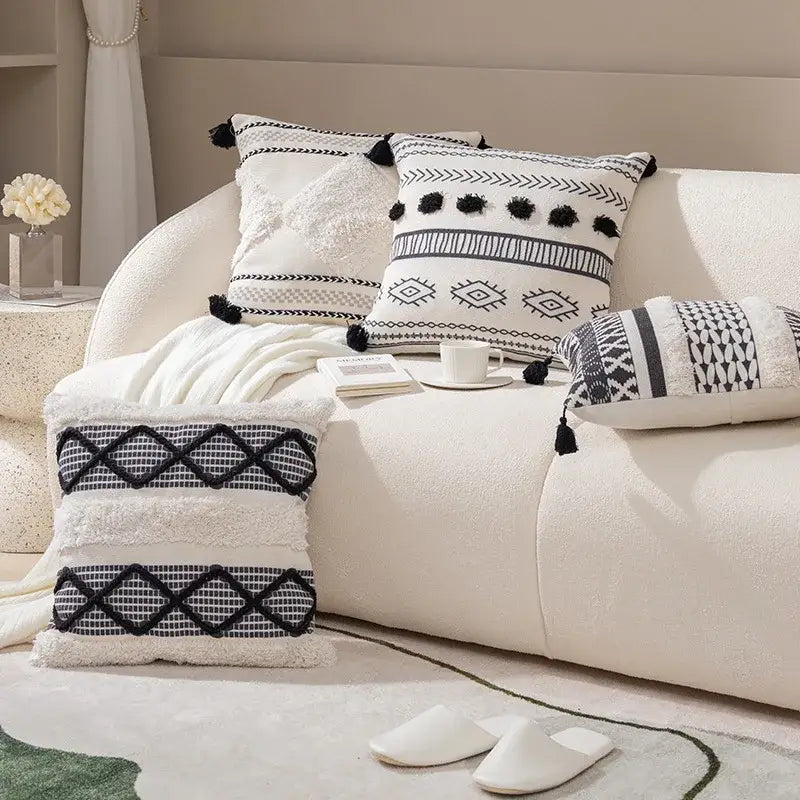 Black White Fringed Pillowcase