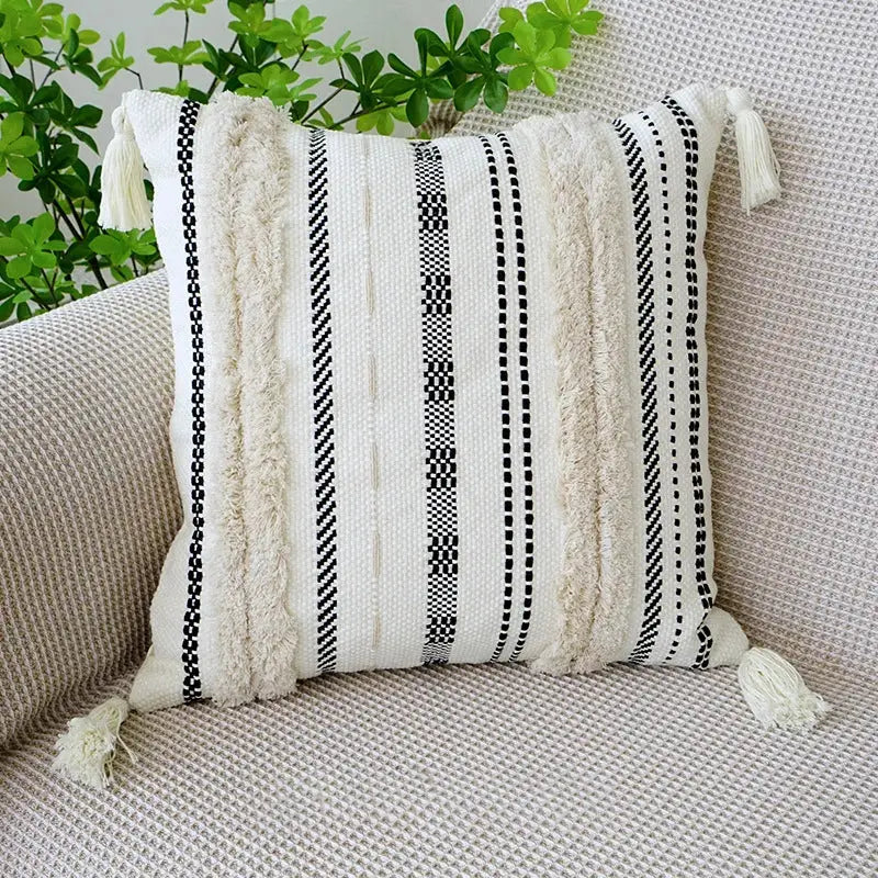 Black White Fringed Pillowcase