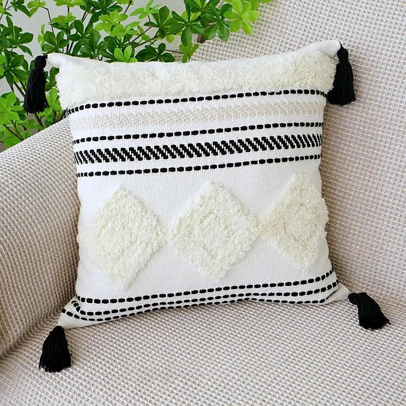 Black White Fringed Pillowcase