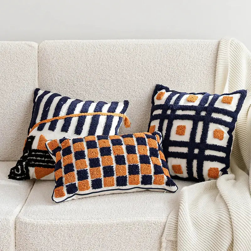 Navy Orange Tufted Pillow