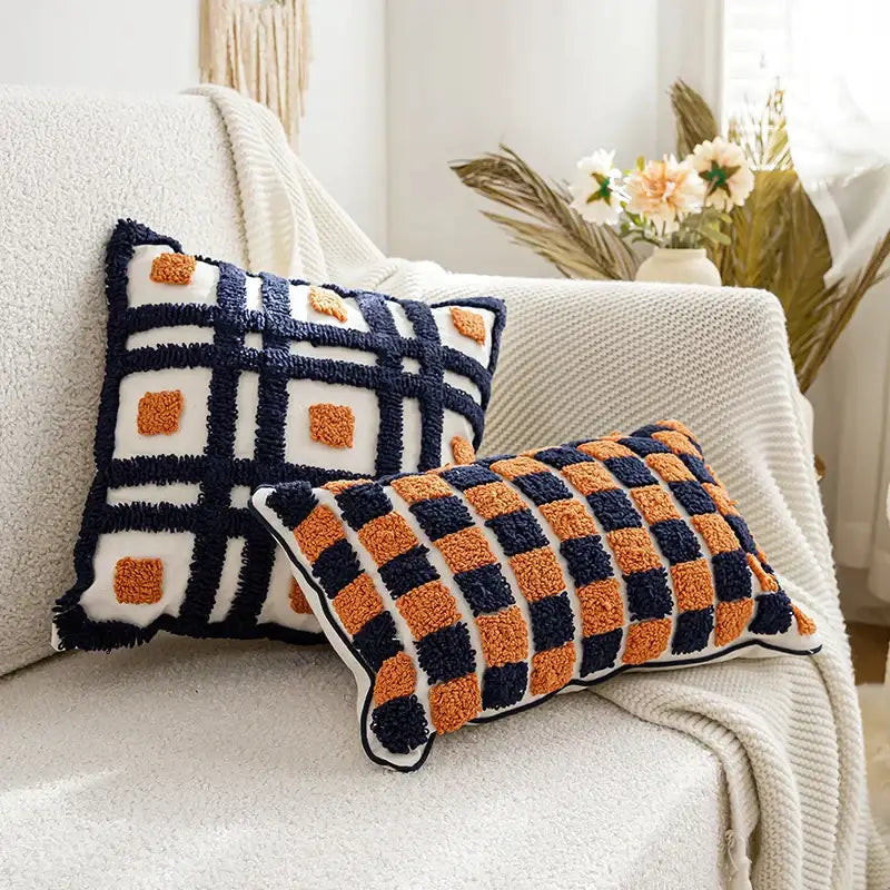 Navy Orange Tufted Pillow