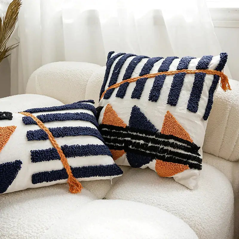 Navy Orange Tufted Pillow