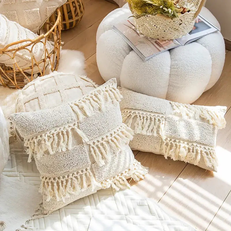 Woven Cushion Cover Cream Boho Living Room Pillow