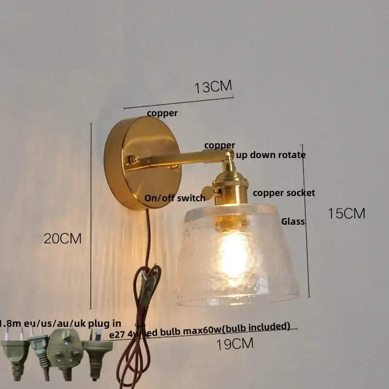 Brass Glass Pull-Chain Bedroom Sconce