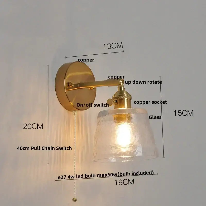 Brass Glass Pull-Chain Bedroom Sconce