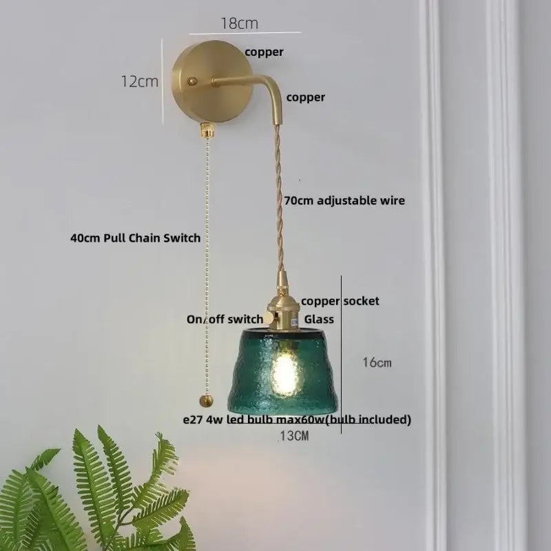 Brass Glass Pull-Chain Bedroom Sconce