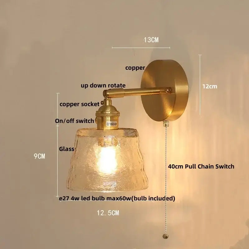 Brass Glass Pull-Chain Bedroom Sconce