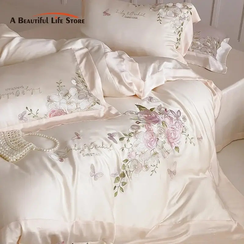 Cream Satin Floral Bedding 800 Thread Count
