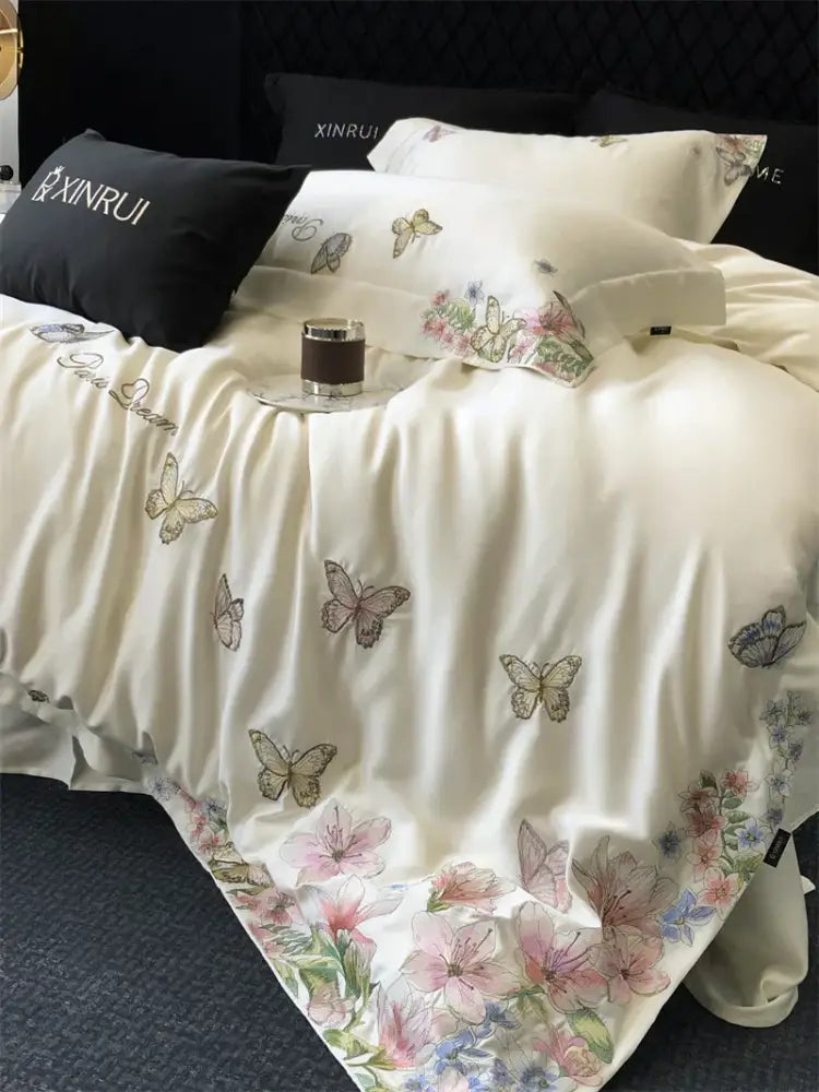 Cream Satin Floral Duvet