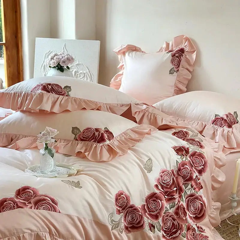 Pink Satin Ruffle Bedding