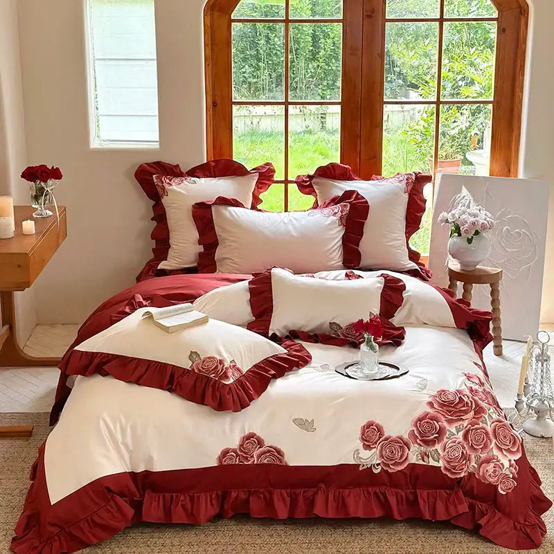 Pink Satin Ruffle Bedding