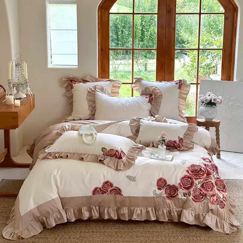 Pink Satin Ruffle Bedding