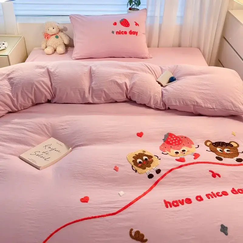 Cream Embroidered Bedding Set with Cartoon Pattern