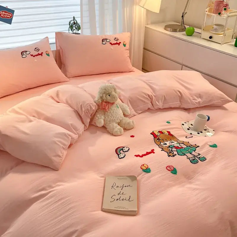Cream Embroidered Bedding Set with Cartoon Pattern