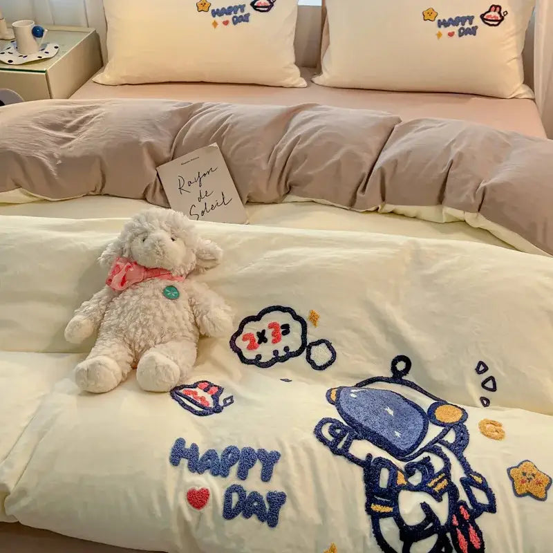 Cream Embroidered Bedding Set with Cartoon Pattern