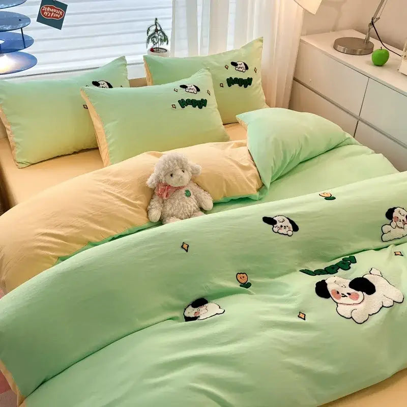 Cream Embroidered Bedding Set with Cartoon Pattern