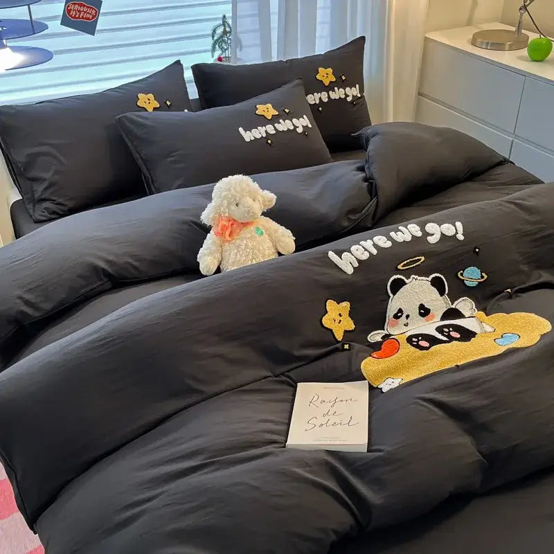 Cream Embroidered Bedding Set with Cartoon Pattern