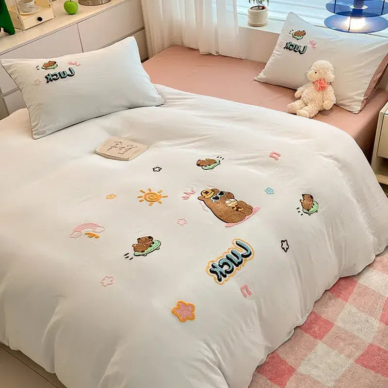 Cream Embroidered Bedding Set with Cartoon Pattern
