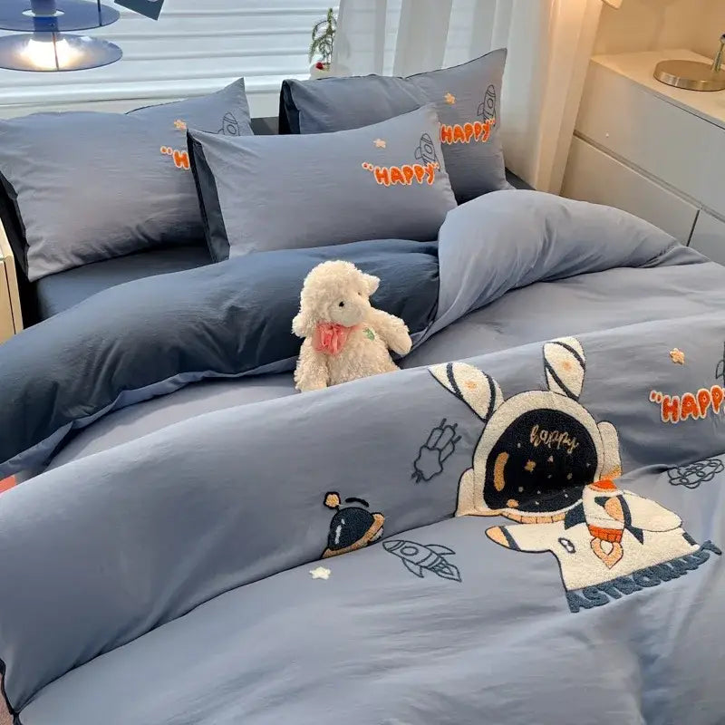 Cream Embroidered Bedding Set with Cartoon Pattern