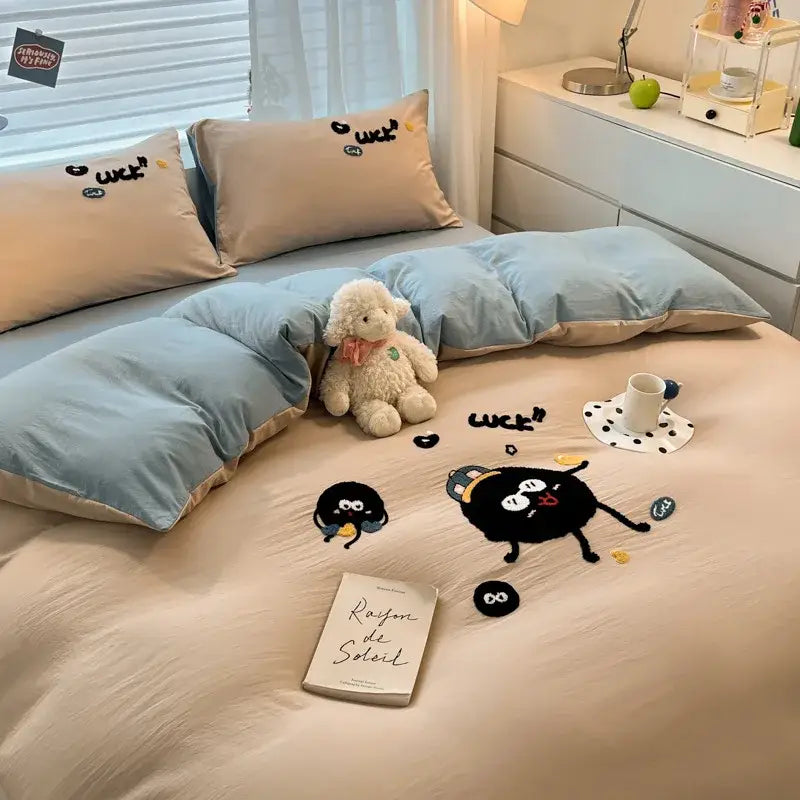 Cream Embroidered Bedding Set with Cartoon Pattern