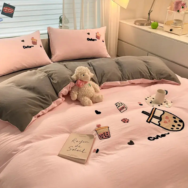 Cream Embroidered Bedding Set with Cartoon Pattern
