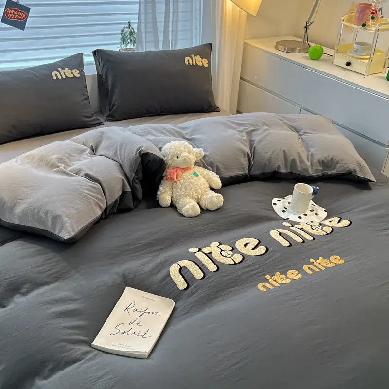 Cream Embroidered Bedding Set with Cartoon Pattern