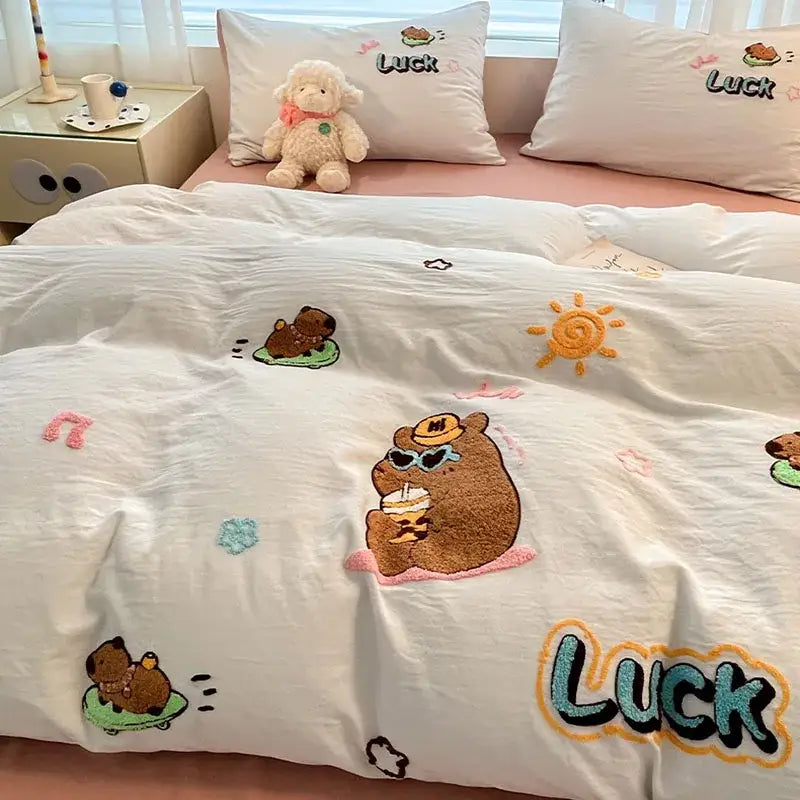 Cream Embroidered Bedding Set with Cartoon Pattern