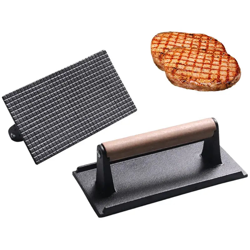 Cast Iron Steak Press with Grid Pattern Design