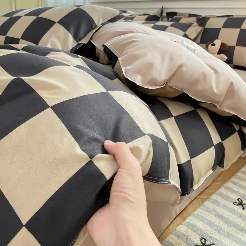 Black Beige Satin Duvet Set
