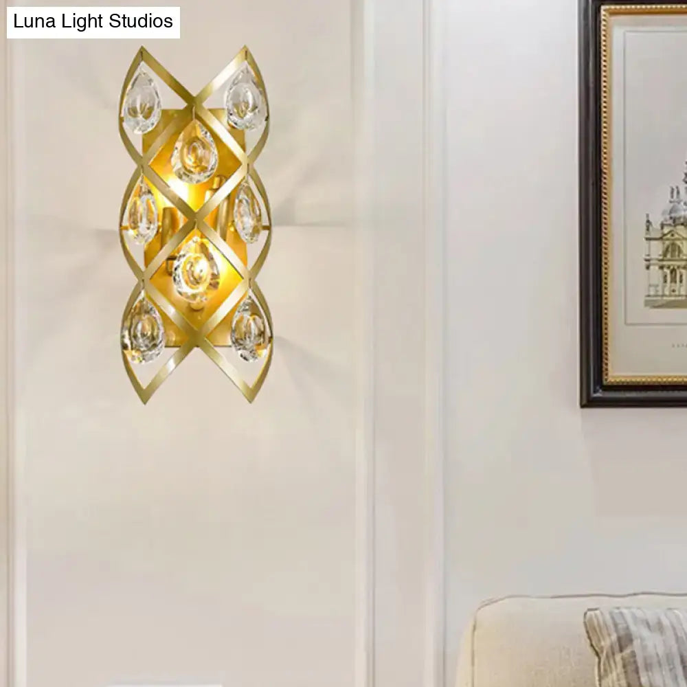 Gold Crystal Teardrop Sconce Two-Light Brass