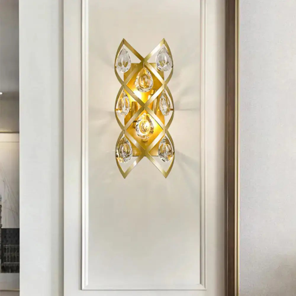 Gold Crystal Teardrop Sconce Two-Light Brass
