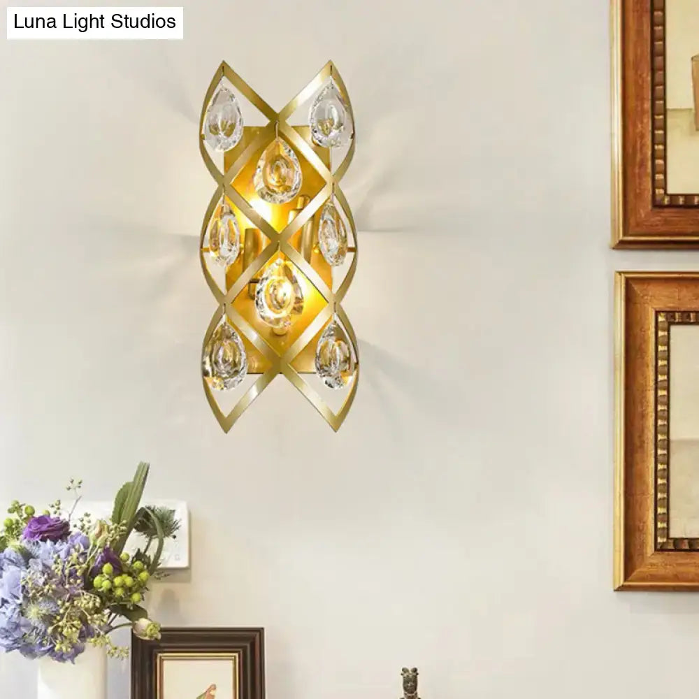 Gold Crystal Teardrop Sconce Two-Light Brass