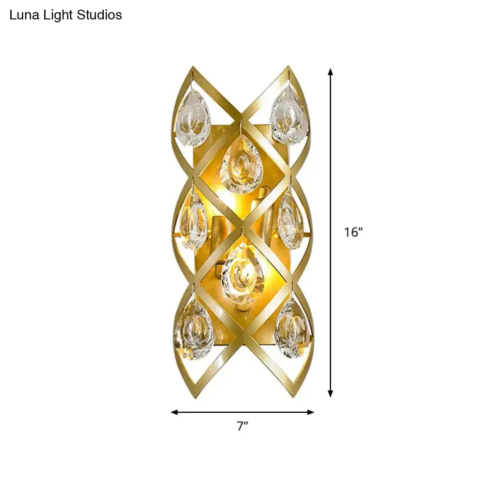 Gold Crystal Teardrop Sconce Two-Light Brass