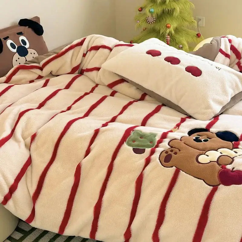 Cream Red Fleece Duvet Set
