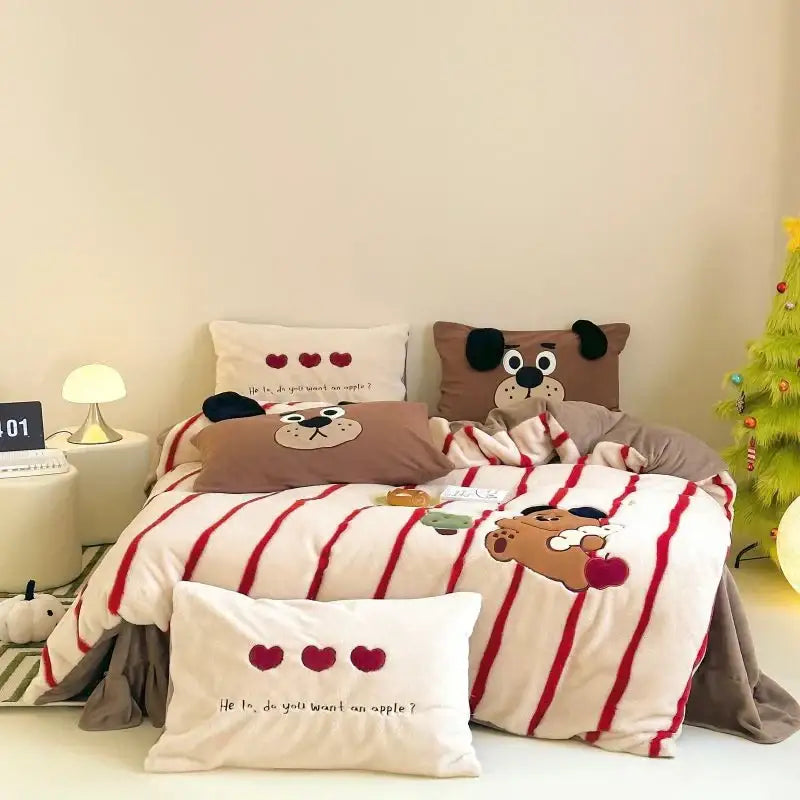 Cream Red Fleece Duvet Set